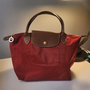 Longchamp Red Tote with Brown Leather Trim Small